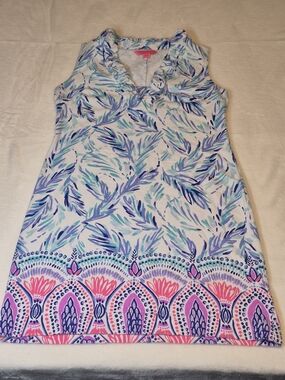 Lilly Pulitzer White Dress with Blue, Aqua & Purple Leaf Print and Pink Border